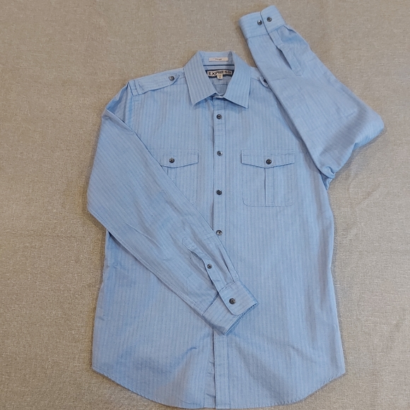 EXPRESS Fitted (White Pinstripes on Blue) Dress Shirt - Picture 3 of 10